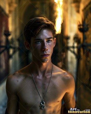 A bare-chested young man wearing a snake necklace stands in a castle hallway