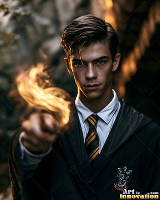 In a dark stone hall, a young man points a wand with golden fire at the tip