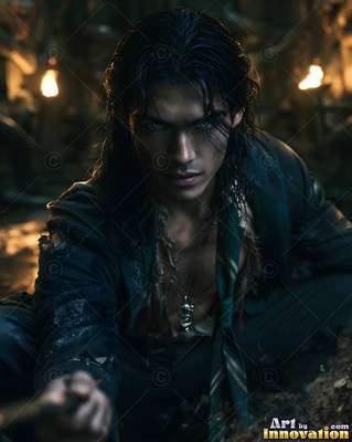 Crouching in dark torchlight, a wet-haired man in a tattered green tie aims a wand