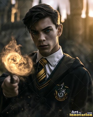 A young man in a school robe points a flaming wand