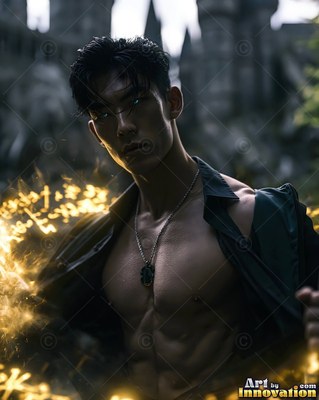 An open dark shirt reveals the bare chest of a man near yellow sparks outside a castle