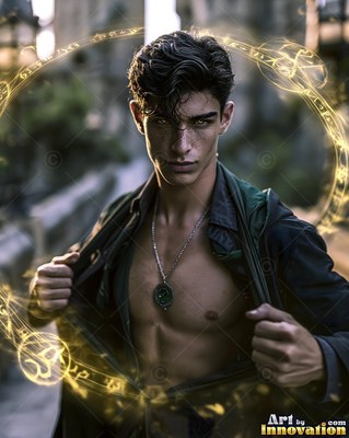 A young man pulls open his dark coat, framed by circles of bright yellow magic runes