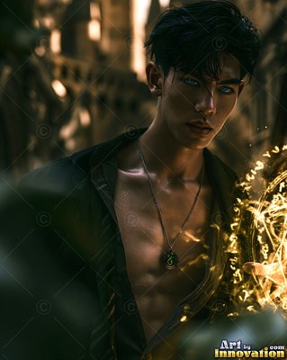 Facing forward in a dim castle, a man with an open shirt holds yellow light