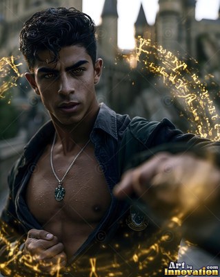 A young man in an open dark shirt casts gold magic before a castle