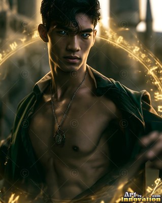 In a stone courtyard, a bare-chested young guy stands inside a circle of bright light rings