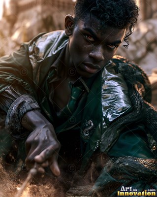 Crouching low, a young Black man in dark green robes points his wand into the dust