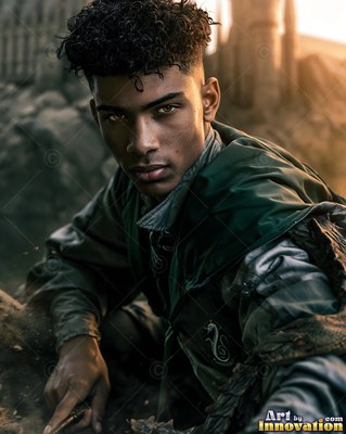 Curly hair frames a young man wearing a green hooded cloak outside a stone castle in soft daylight
