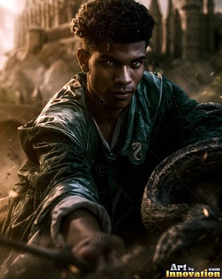 A young man leans forward in a dark long green robe under soft, muted castle light