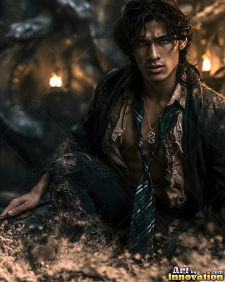 Crouching in a dim stone room, a dark-haired man holds a small wand in torn clothes