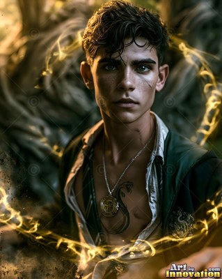 A young dark-haired man in an unbuttoned shirt surrounded by yellow magic rings