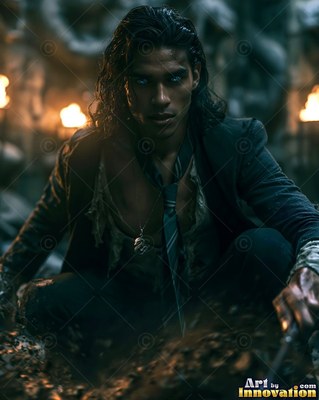 In a torchlit stone hall, a crouching man with bright blue eyes holds a wand