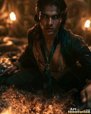 Kneeling near torchlight, a dark-haired man with bright eyes wears an unfastened green shirt
