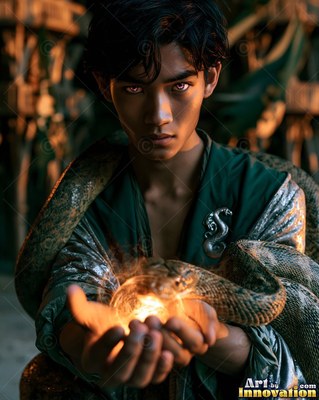 A young man holds fire in his hands with a snake wrapped around him
