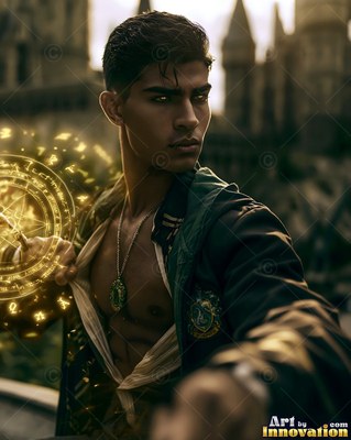 Dark hair frames a young man in green robes casting a yellow spell near a castle