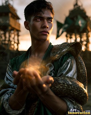 A young man grips yellow light in his hands with a snake coiled on his arm