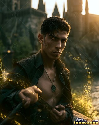 Facing forward outside a castle, a man wearing an open shirt conjures yellow magic