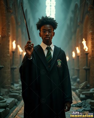 A young Black man in a dark school robe raises his wand in a dim stone hall