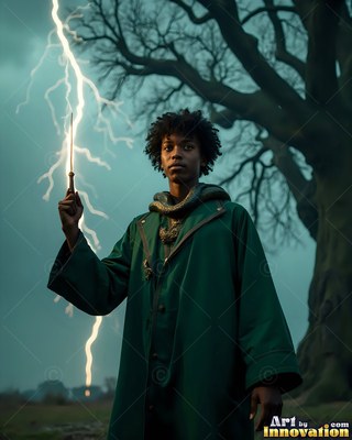 Beside a bare tree, a man clothed in a loose green robe holds a wand with a snake on his neck