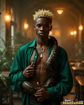 Holding a thick snake around his shoulders, a young man wears an open green shirt indoors