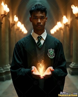 A young man in school robes holds fire in his cupped hands