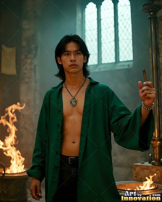 Wearing a loose green robe, a bare-chested man stands in a stone room near burning fires