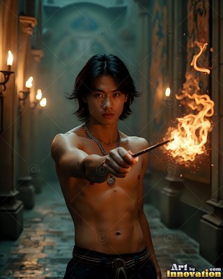 A shirtless young man points a wooden wand that shoots bright orange fire in a stone hall