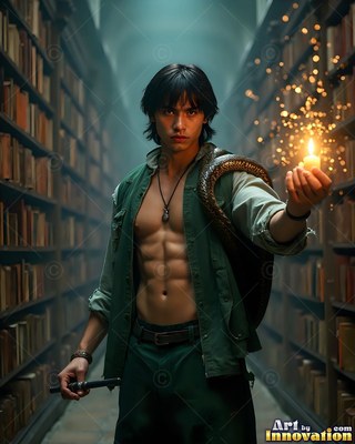 Standing in a dark library aisle, a shirtless young man holds a candle with a snake on him