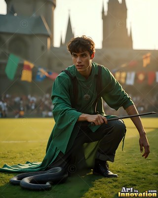 A young man in green robes kneels on grass with a wand near a black snake