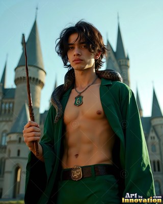 Outside a stone castle, a man with a bare chest wears an open loose green robe and holds a wand