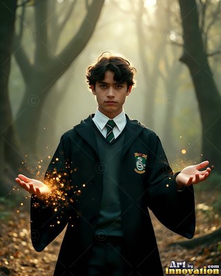 Holding up open hands with sparks, a young man in dark school robes stands in a misty forest