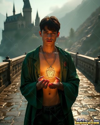 A young man with an unfastened deep green robe holds a bright amulet on a bridge