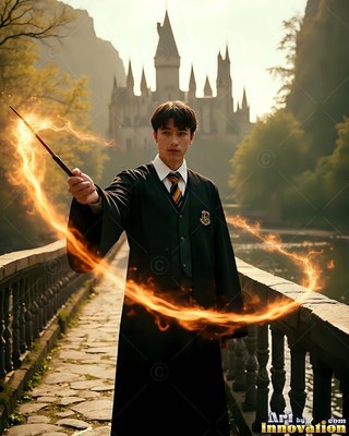 Wearing a dark robe and tie on a stone bridge, a young man points a wand trailing fiery light