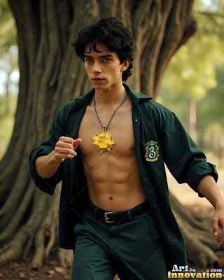 A bare-chested young guy runs in an open green shirt under soft outdoor light