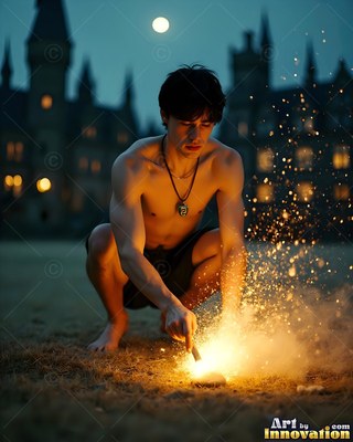 Crouching on grass outside a castle, a man with a bare chest lights sparks at night