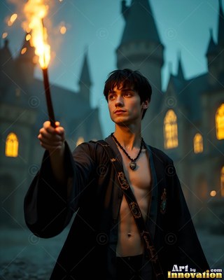 A young man dressed in an open black robe holds up a burning torch outside a castle