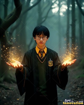 In a foggy forest, a young man in dark robes holds golden sparks in his hands