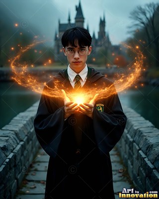 Holding bright fiery light in his hands, a young man wears dark wizard robes on a bridge