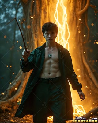 Shirtless man holding a wand before a yellow lightning bolt in the woods