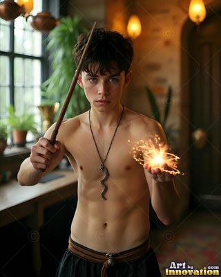 Wearing a snake necklace, a shirtless young man cradles sparks in his hand inside a room