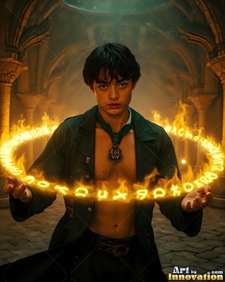 A young man conjures a ring of fiery runes in a stone hall under warm yellow light