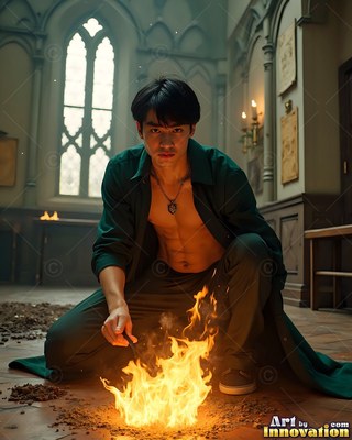 Kneeling on a stone floor, an open-shirted man tends a fire in a hall