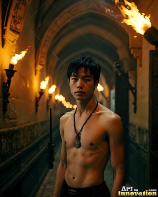 A bare-chested young guy stands in a dim hallway lined with burning wall torches