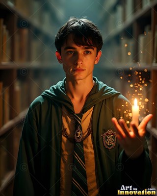 In a dark library aisle, a young man in green robes holds up a small lit candle