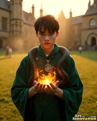 Holding fire in his hands, a young man in green robes carries a snake on his shoulders