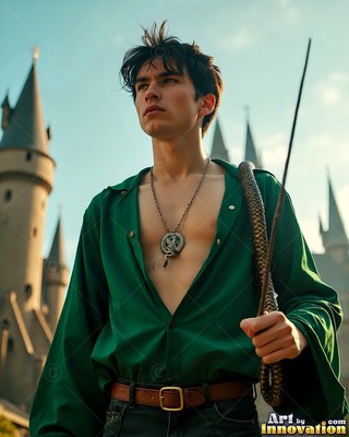 Young man in an open green shirt holding a snake by a castle