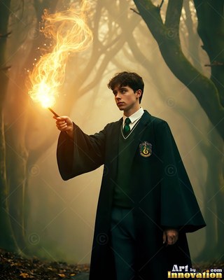 Wearing a dark green school robe, a young man raises a fiery wand in a misty forest