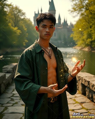 A man wearing an unfastened green coat holds sparks in his hand near castle ruins in soft sunlight