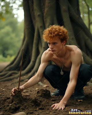 Crouching on dirt by a tree, a shirtless red-haired man holds a wand