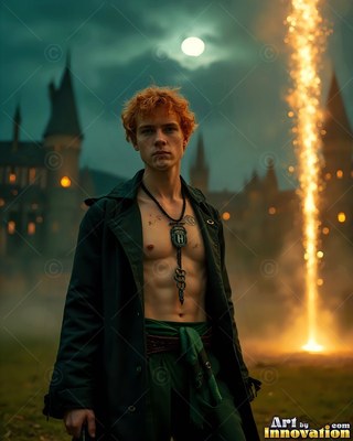 A man with no shirt wearing an open dark coat stands by a bright beam of light outside a castle