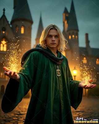 Outside a castle courtyard, a young blond man in green robes holds sparks with a snake